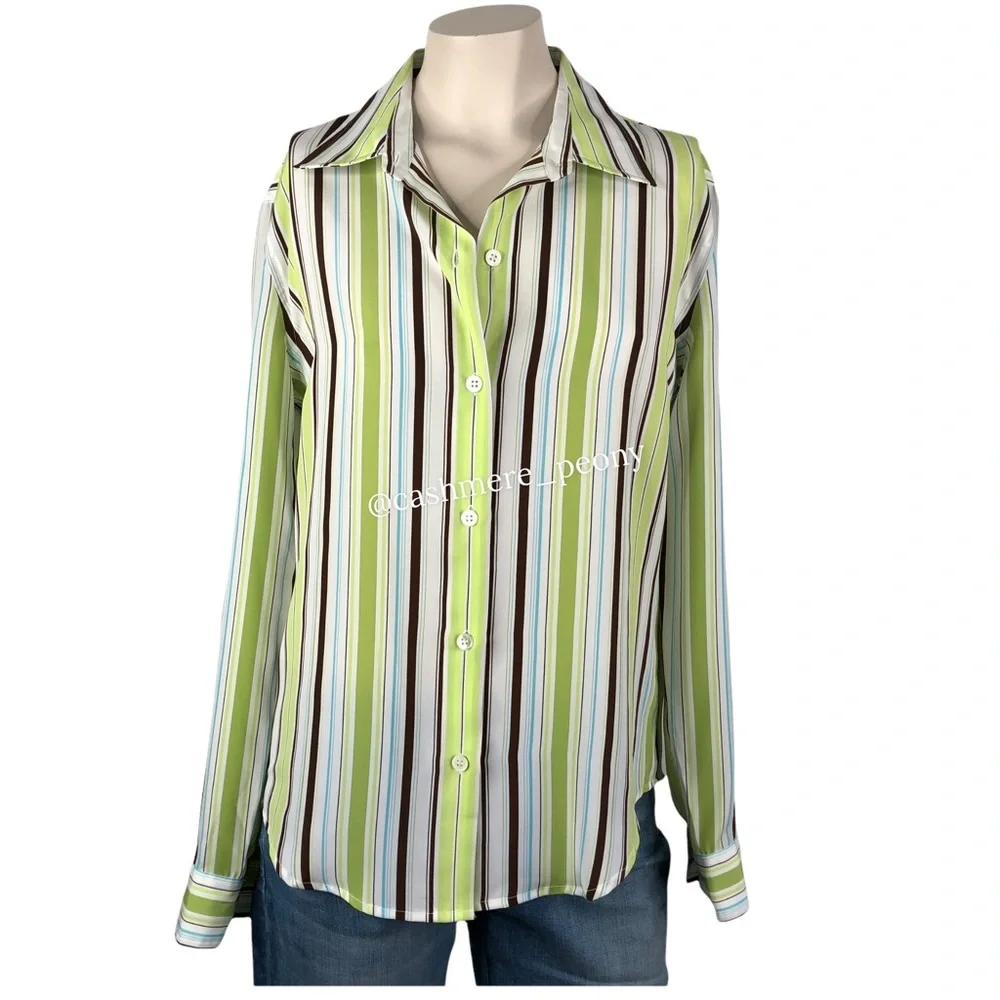 J. Crew Green Striped Satin Blouse Shirt